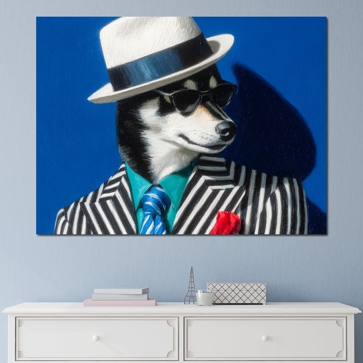 Картина върху платно, LuxCanva® M1294, Стилно хъски, 100% памучно платно 400 г/м2, дървена рамка, елегантен, костюм, шапка, райета, вратовръзка, очила, за офис, хол, детска стая, 75 X 100 см