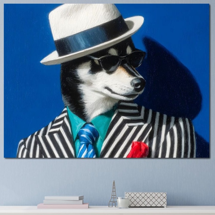 Tablou Canvas Premium, LuxCanva® M1294, Un Husky cu Stil, 100 X 135 CM, Panza Bumbac 100% 400g/m2, Sasiu Lemn, Elegant, Costum, Palarie, Dungi, Cravata, Ochelari, Cool, Fashion, Caine, Husky, Birou, Living, Camera Copil