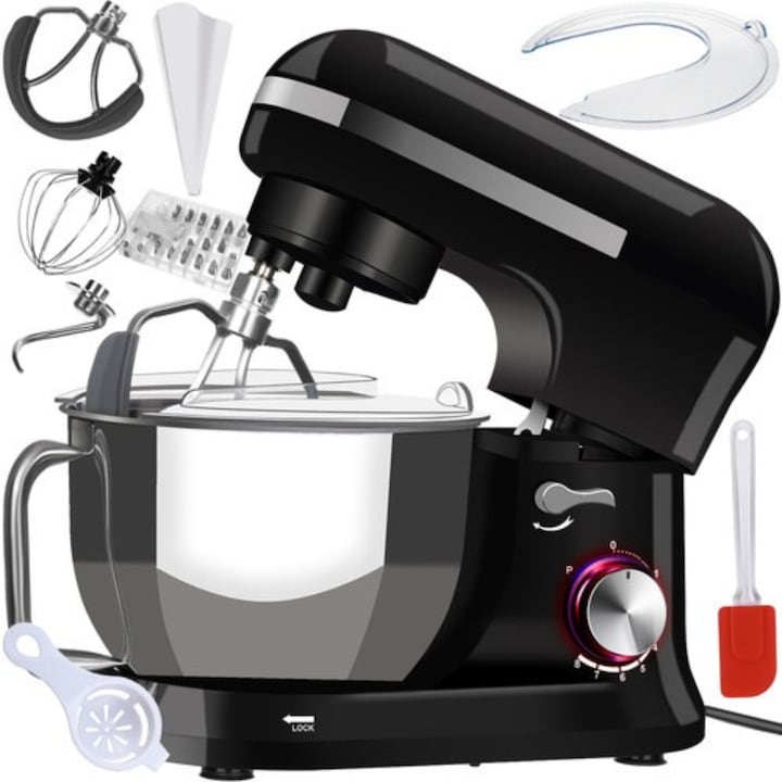 Robot de bucatarie 1700W VarioShop®, cu bol de 4,5L, 8 viteze, sistem metalic de antrenare, accesorii incluse, mixer multifunctional, Negru