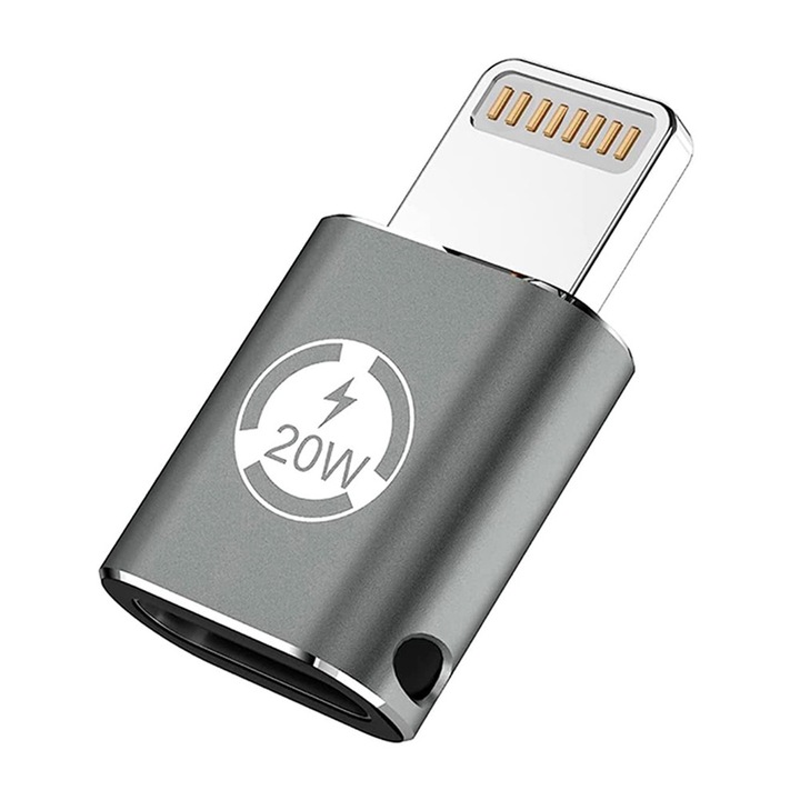 Adaptor OTG Premium Type C la mufa Apple, Transfer de Date, Incarcare Rapida, Plug and Play, Putere de 20W, Aliaj de Aluminiu, Gri