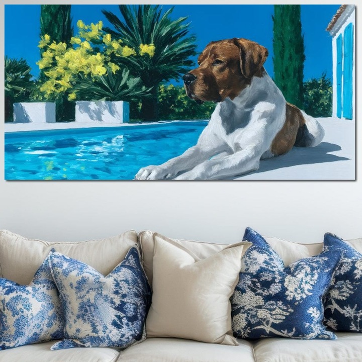 Tablou Canvas Premium, LuxCanva® M1296, In Paradisul Verii, 60 X 120 CM, Panza Bumbac 100% 400g/m2, Sasiu Lemn, Piscina, Apa, Vacanta, Relaxare, Vegetatie, Vara, Caldura, Caine, Soare, Rasfat, Lux, Birou, Living, Camera Copil