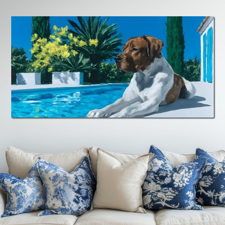 Премиум картина върху платно LuxCanva® M1296, Летен рай, 50 X 100 CM, 100% памучно платно 400g/m2, дървена рамка, басейн, вода, ваканция, релаксация, растителност, лято, топлина, куче, слънце, глезене, лукс, за офис, хол, детска стая
