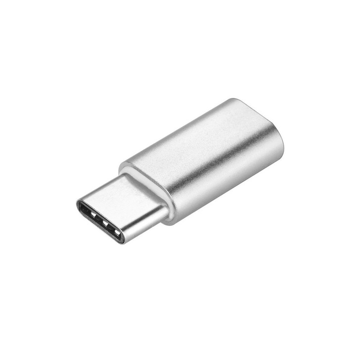 Micro USB-ről Type C-re átalakító, kulcstartóval, Comando Tech, Standard USB 3.1, Max. 3A áramerősség, Méretek 2.6 x 1 x 0.5 cm, Ezüst