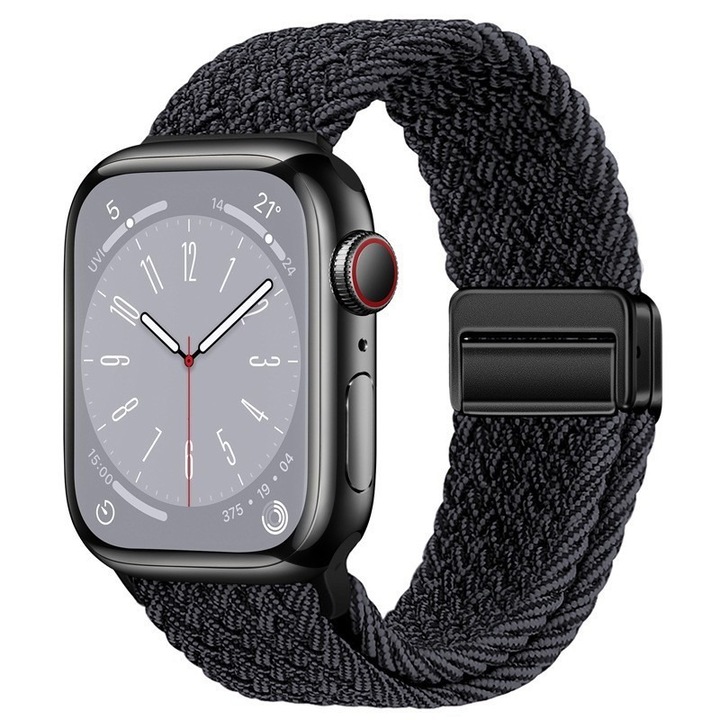 Curea din nylon impletit cu catarama magnetica pentru Apple Watch, compatibila cu Ultra, SE, 1-10, neagra, 38x49mm, set.