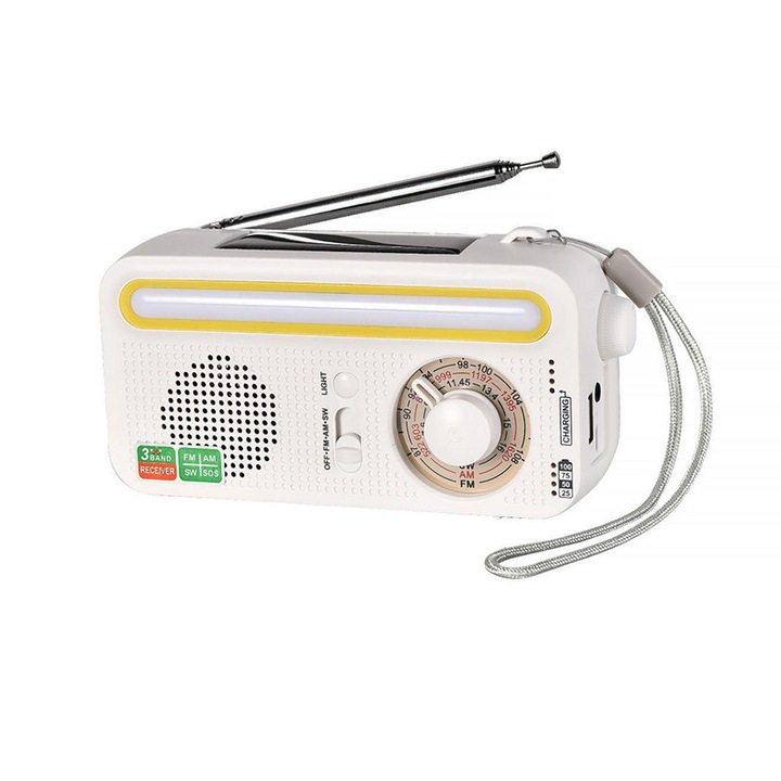 Radio portabil AM /FM /SW, baterie Li-ion 2000mAh/DC 5V alimentata/solara/manivela de mana, Tuner manual si semnal stabil, lanterna LED, camping, SOS si utilizare de urgenta, cadou, incarcati telefonul, Jack pentru casti， alb