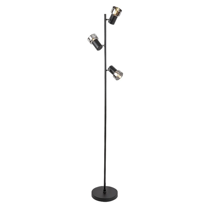 Lampadar, structura metalica, forma inspirata de ramurile unui copac, E14, 3 surse de lumina, 1500 x 230 mm, finisaj negru combinat cu sticla fumurie