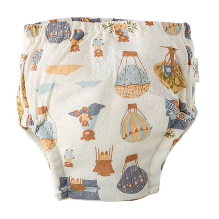 Bili edzőbugyi, Újrafelhasználható, 100% muszlin pamut, Szivárgásgátló réteggel, Erősen nedvszívó, Hőlégballon mintás, M (9-12kg)