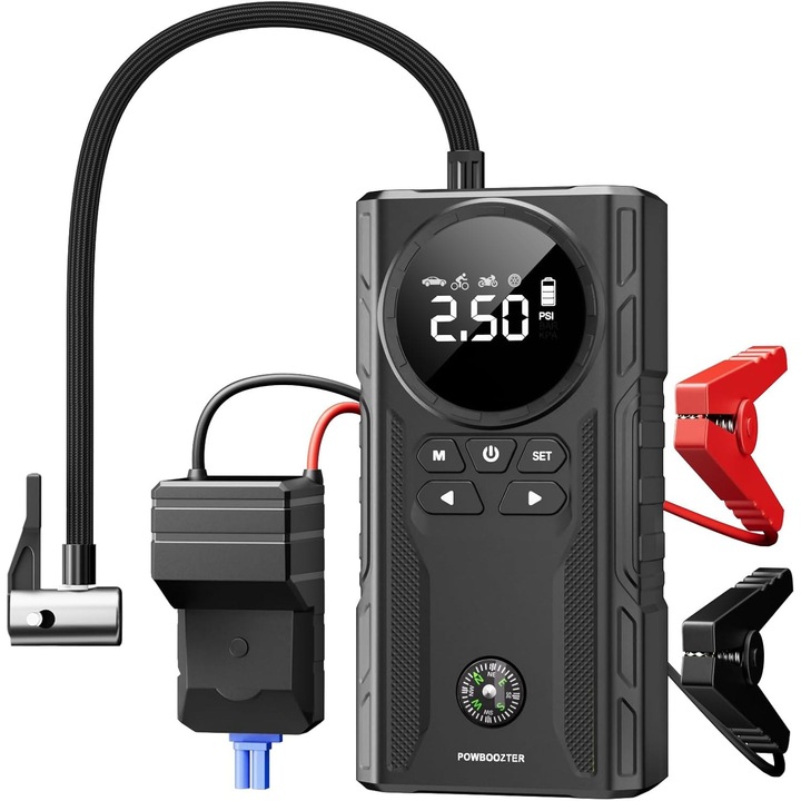 Redresor auto 2 in 1, 1800A, compresor de aer, capacitate 10000 mAh, display LCD, negru