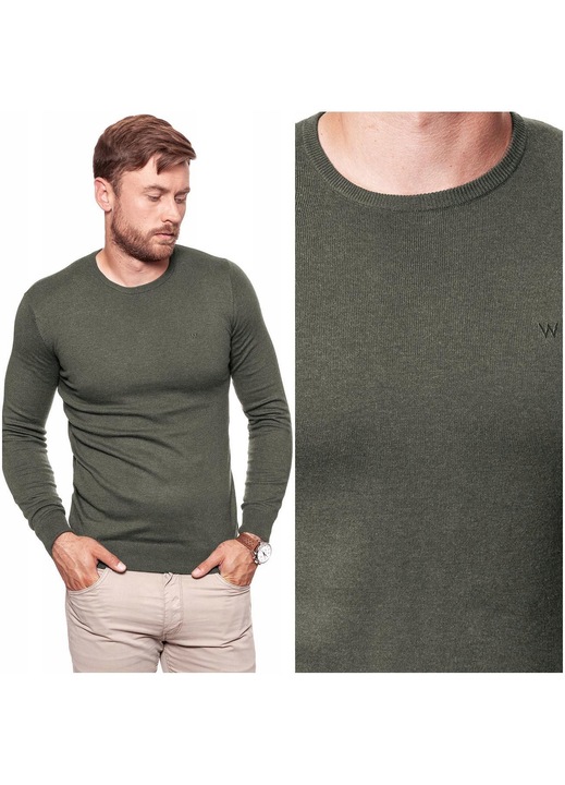 Férfi pulóver, Wrangler, CREW KNIT modell, klasszikus normál szabású, záródás nélküli, puha és meleg, gyapjúkeverék anyagból, hűvös napokra és mindennapi viseletre, 2XL méret, zöld