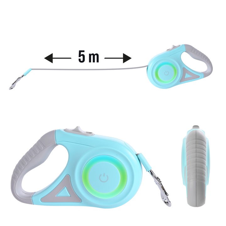 Automata póráz 5m LED, Pupilplanet, oldalsó világítás, menta szürke, csúszásgátló