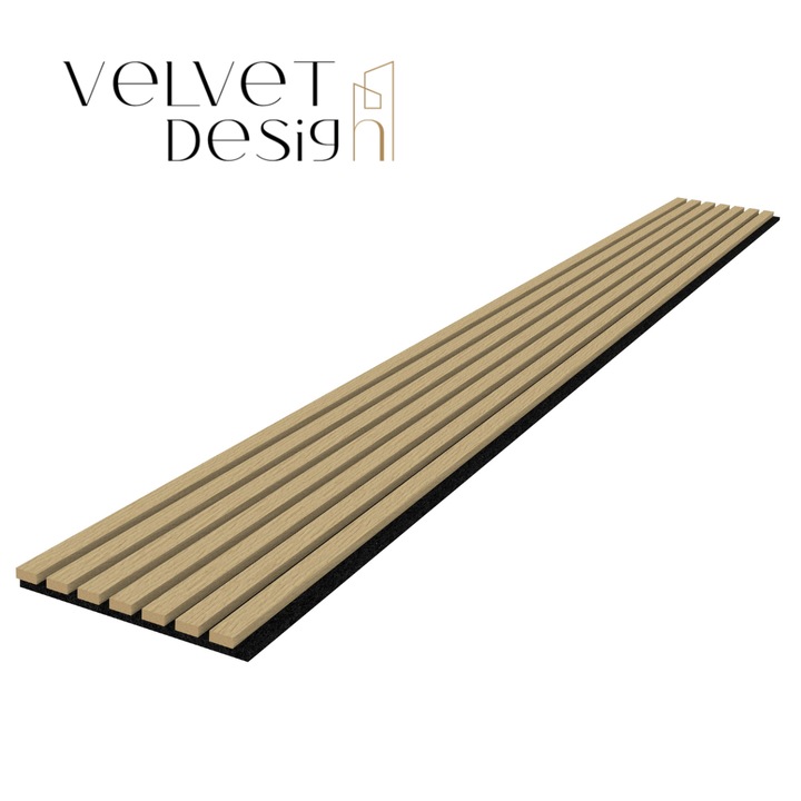 Riflaj decorativ Pro Line, panou acustic din lamele MDF si fetru PET, culoare Stejar European, 2600 x 280 x 21 mm, 0.73 mp suprafata acoperita, atenuare zgomot 80% (NRC 0.8), Velvet Design