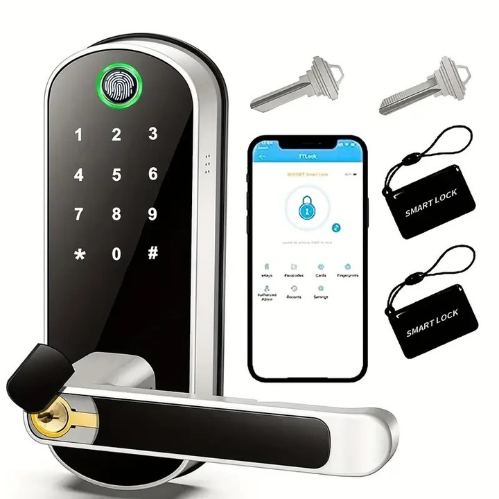 Incuietoare Inteligenta XNOTECH® Smart Lock Silver, Wireless, Yala Aplicatie Tuya, Control de la Distanta, WiFi, 5 Moduri de Acces, Cod PIN, Amprenta, 2 Chei, 2 Cartele, Inchidere Digitala a Usii, Pretabil Dormitor, Birou, Vestiar, Baie, Hotel, Argintiu