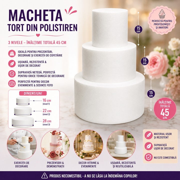 Macheta tort, BLA BLA FOAM ®, rotunda, 3 etaje, 45cm H, alb, 28x22x16 cm, 15 cm inaltime disc