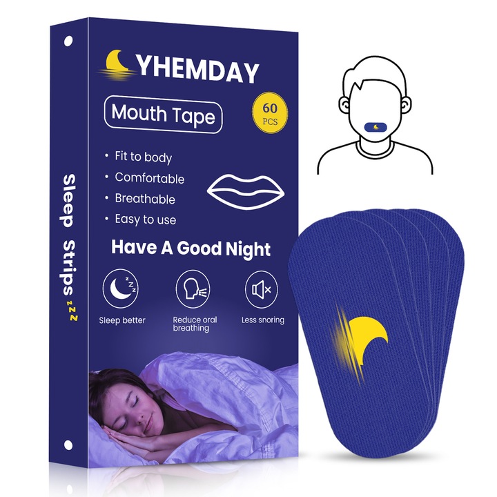 Set 30 Benzi tip Plasture Anti-sforait, YHEMDAY®, Banda de somn impotriva sforaitului, Soft & Hipoalergenic, Imbunatatirea calitatii somnului si a respiratiei nazale, Bumbac premium, Unisex, Albastru
