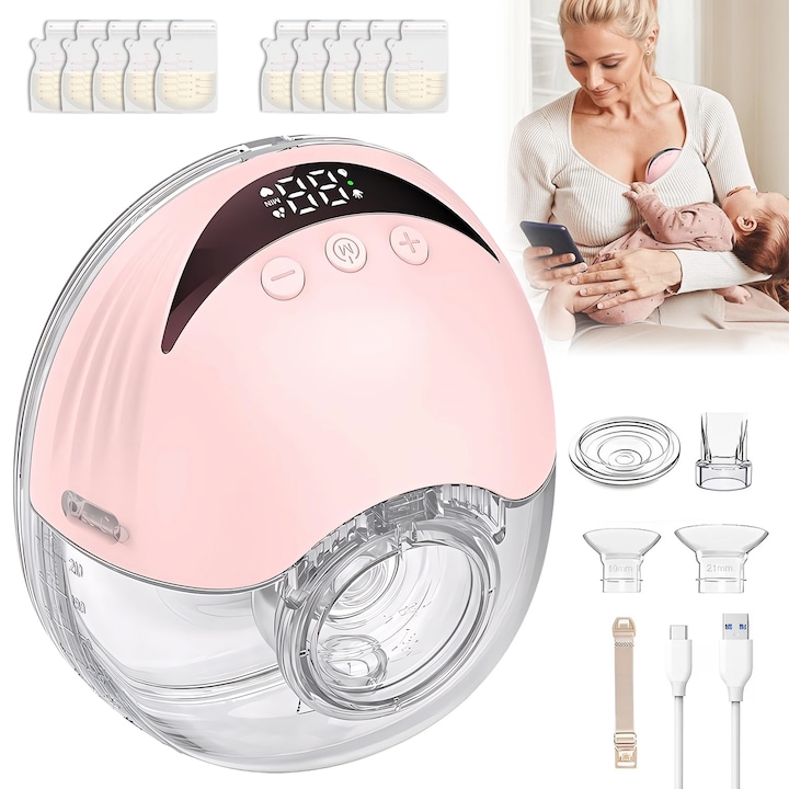 Електрическа помпа за кърма, Преносима, BYONDSELF®, Използване без ръце, Дискретна под сутиен, с 10 торбички за съхранение на кърма, 19/21 мм фланец, 4 режима с 12 нива на интензивност, 210 мл, Розов