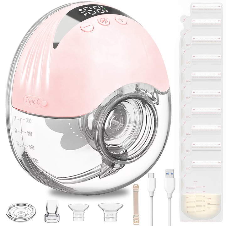 Elektromos Mellszívó, Hordozható, BYONDSELF®, Kéz Nélküli Használat, Diszkréten Melltartó Alatt, 10 Tejtároló Zacskóval, 19/21mm Perem, 4 Üzemmód 12 Intenzitási Szinttel, 210 ml, Rózsaszín