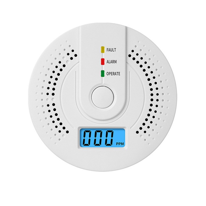 Detector de monoxid de carbon si fum 2 in 1, LEIISVK, senzor sensibil, indicator LED, Display LCD pentru monitorizare a Concentratiei de Gaz in Timp real, Avertizare sonora, alimentat cu baterii, alb