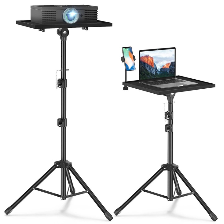 Suport portabil pentru videoproiector, LEIISVK, ajustabil, inaltime 23.5-47 inch, dimensiuni suprafata 15x11 inch, material metalic, negru