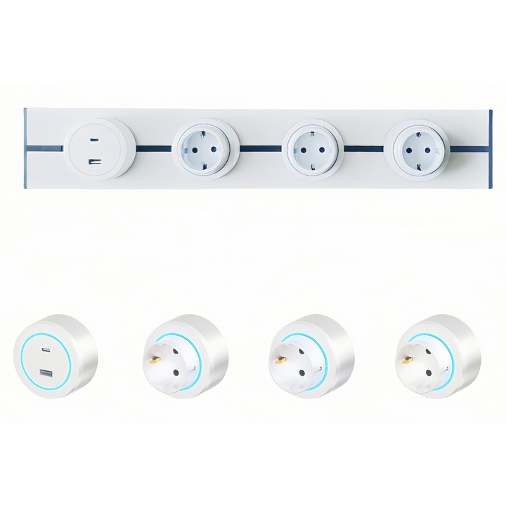 Контакти за стенен монтаж, Poisoon, Мобилна система за контакти на модулна шина, Модулен контакт, 8000W, 3 универсални мобилни адаптера 13A + 1 двоен USB контакт, алуминиева сплав, 50x8.5x1.9cm, бял