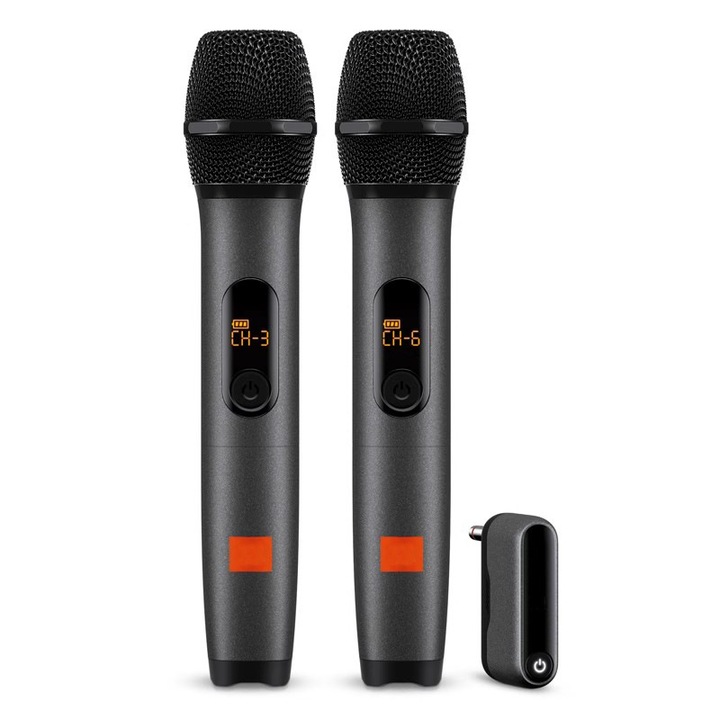 Set de 2 microfoane wireless, TOIITKQ, UHF Dinamic, Plug and play, Functie anulare zgomot, Cardioid, cu receiver reincarcabil, Negru