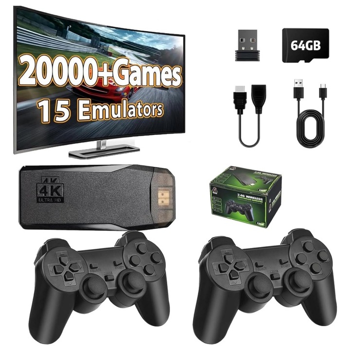 Consola jocuri video retro, ABS, 2.4G wireless, 64GB, pentru TV, HDMI, Negru