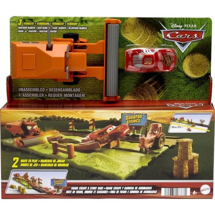 Set de masinute Mattel Cars, Frank Escape si Stunt Race, multicolor, 4 ani+