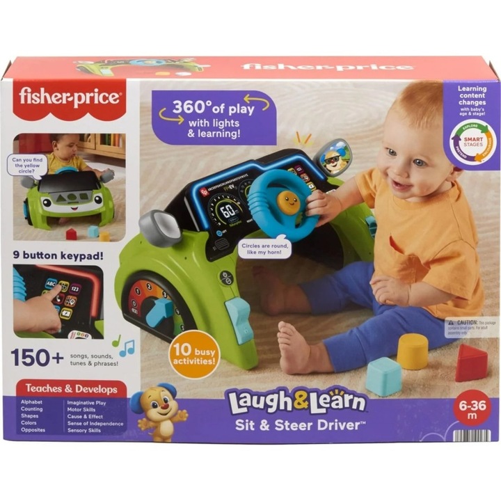 Jucarie interactiva bebelusi, Fisher Price, Laugh & Learn Sit & Steer, 150+ melodii, multicolor
