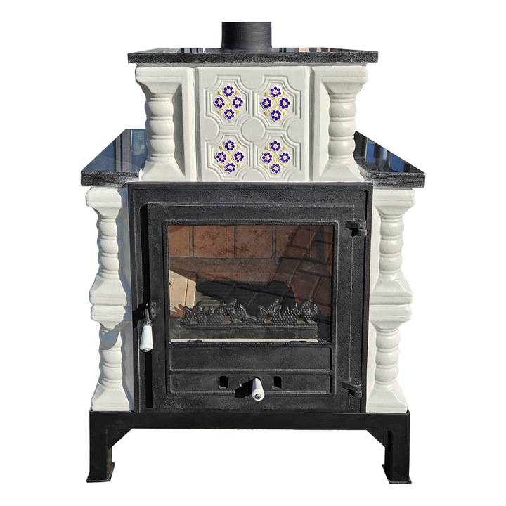 Semineu teracota, Gospodarul, 3 randuri, usa sticla mare, evacuare verticala, panseluta violet-galben pictata manual, alb, 90 cm x 67 cm x 46 cm