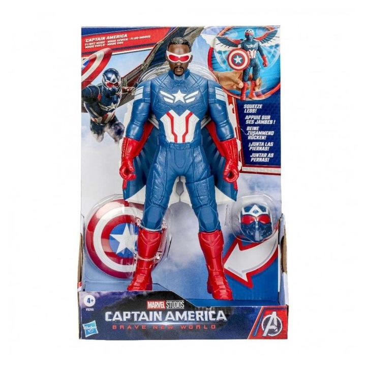 Figurina Hasbro Captain America Flight Mode, 22cm, rosu, alb, albastru, set cu accesorii