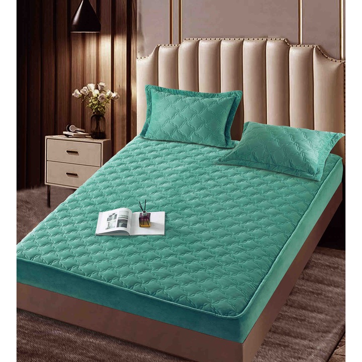 Set Topper Pat CHIRASO, CATIFEA Premium, cu ELASTIC, 140x200+30cm si 2 Fete de Perna 50x70cm, verde deschis
