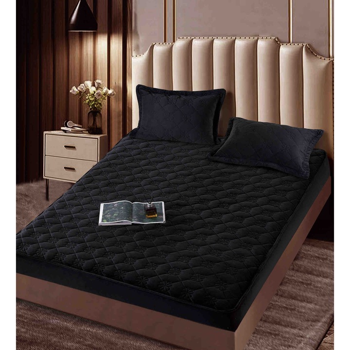 Set Topper Pat CHIRASO, CATIFEA Premium, cu ELASTIC, 140x200+30cm si 2 Fete de Perna 50x70cm, negru
