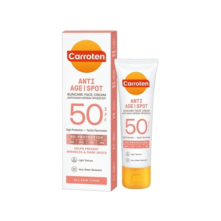 Crema de fata cu protectie solara Carroten Anti Age Spot SPF50, 4D, 50ml