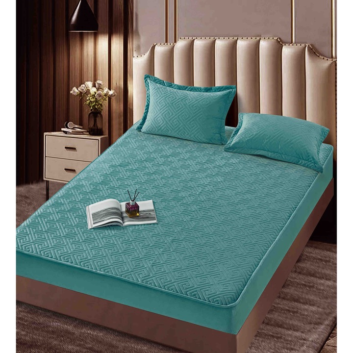 Set Topper Pat CHIRASO, CATIFEA Premium, cu ELASTIC, 160x200+30cm si 2 Fete de Perna 50x70cm, turcoaz