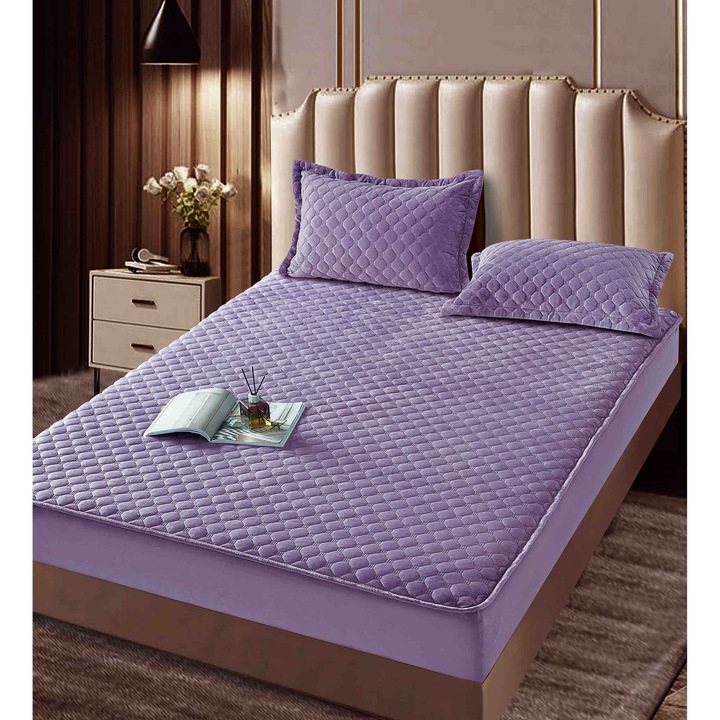 Set Topper Pat CHIRASO, CATIFEA Premium, cu ELASTIC, 180x200+30cm si 2 Fete de Perna 50x70cm, mov