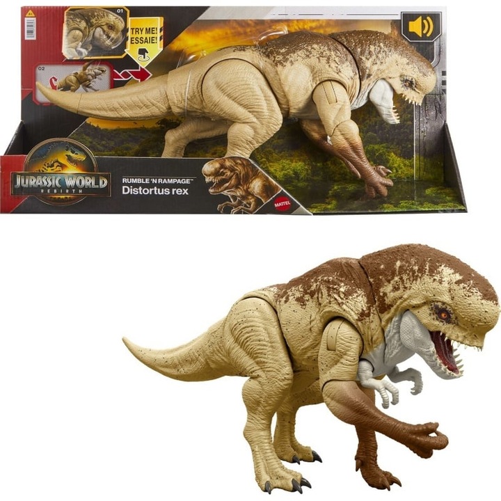 Figurina dinozaur Mattel, Jurassic World Rebirth, Distortus Rex, efecte sonore, 4 ani+