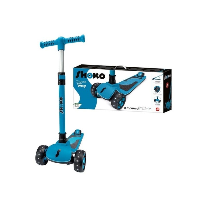 Trotineta Shoko X-Speed, 3 roti, albastra, ajustabila 69,5-87,5cm, pentru copii 4+ ani