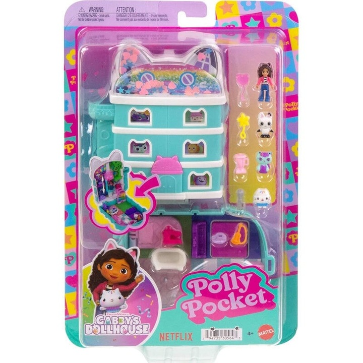 Polly Pocket x Gabby's Dollhouse babaház, 9 kiegészítő, többszínű, 4 év+