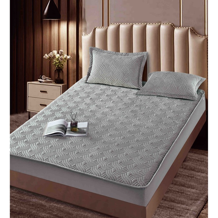 Set Topper Pat CHIRASO, CATIFEA Premium, cu ELASTIC, 180x200+30cm si 2 Fete de Perna 50x70cm, gri deschis