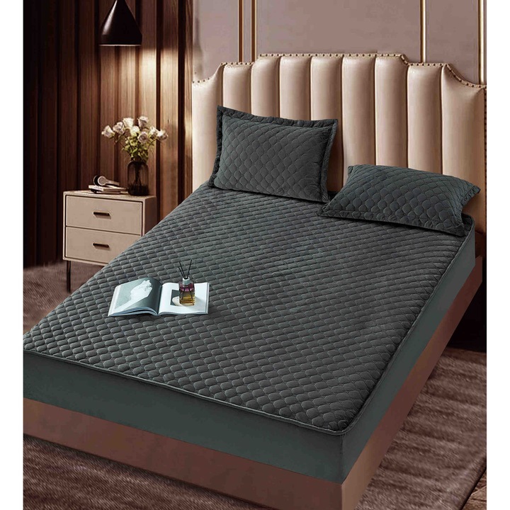 Set Topper Pat CHIRASO, CATIFEA Premium, cu ELASTIC, 180x200+30cm si 2 Fete de Perna 50x70cm, gri