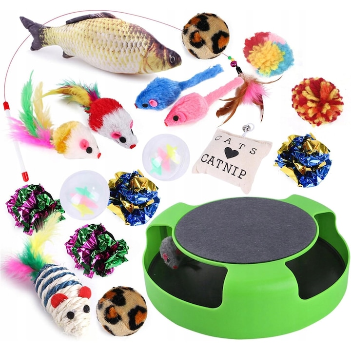 Set de jucarii pentru pisici, 19 piese, roata cu mouse, stalp de zgariat, functie interactiva, material plastic, pentru toate rasele de pisici, multicolor