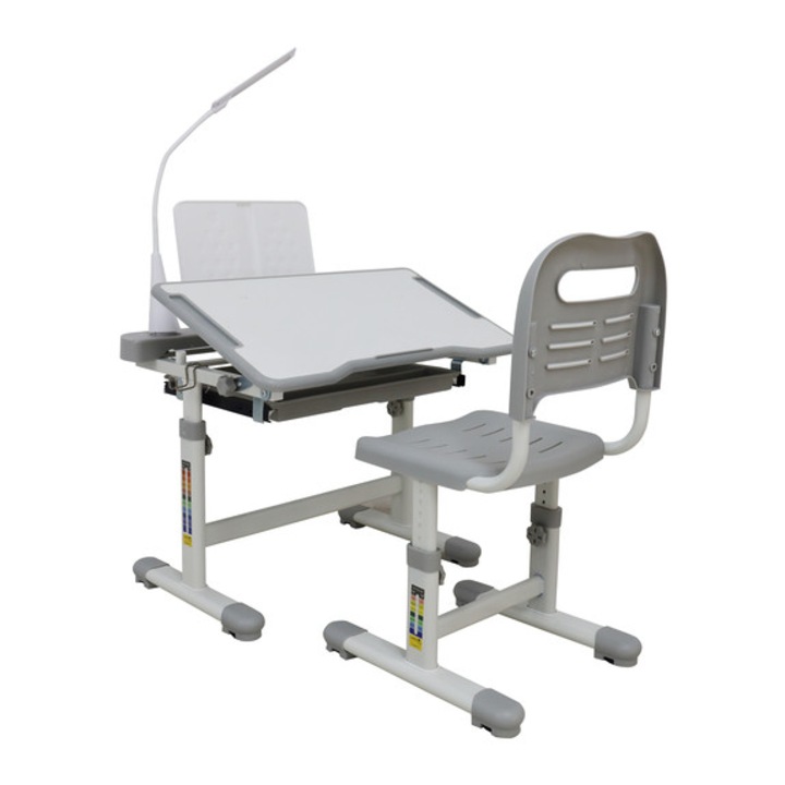 Birou scolar pentru copii cu scaun reglabil, lampa LED si port USB, gri