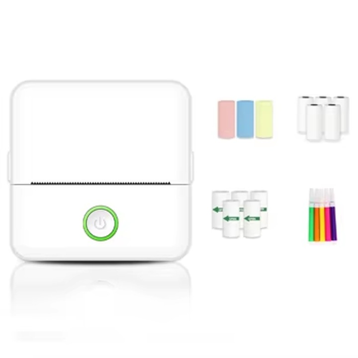 Mini imprimanta de buzunar, Wepzsxo, Bluetooth, 16 role de film, Multifunctionala, 1200 mAh, Alb