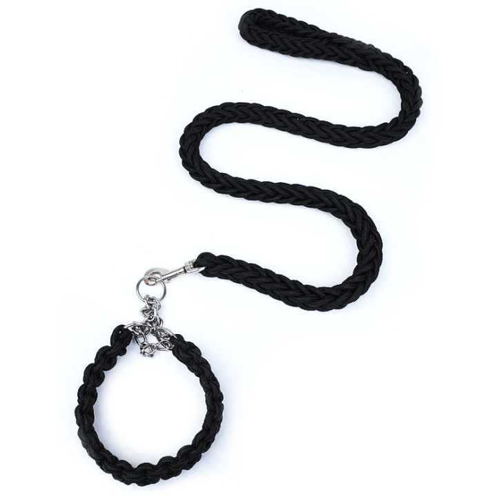 Lesa 260 de cm si Zgarda 45-55 cm din sfoara impletita, negru, super rezistent – pentru caini medii si mari