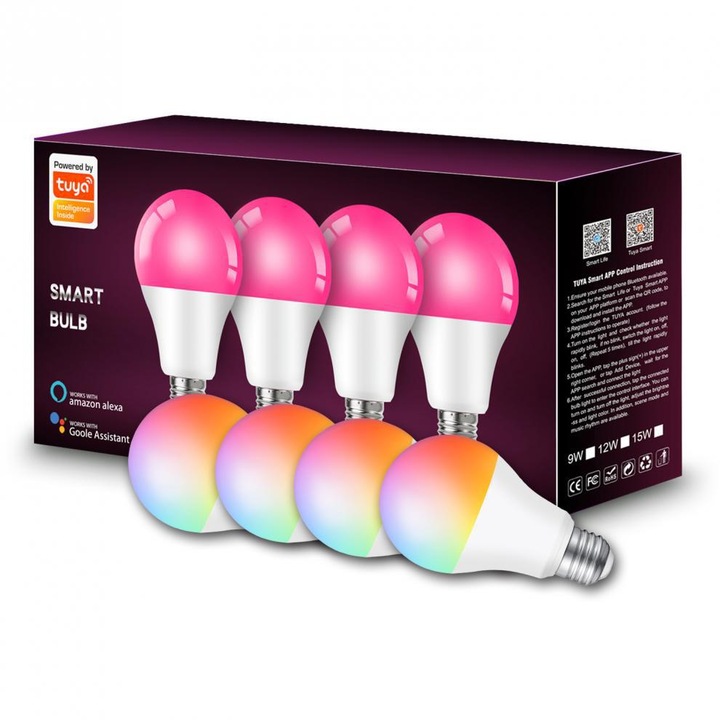 Bec LED intelligens többszínű E27 2500K-6500K, szabályozható 9W, kompatibilis Alexával és Google-lal, hangvezérlés (4 darabos csomag)