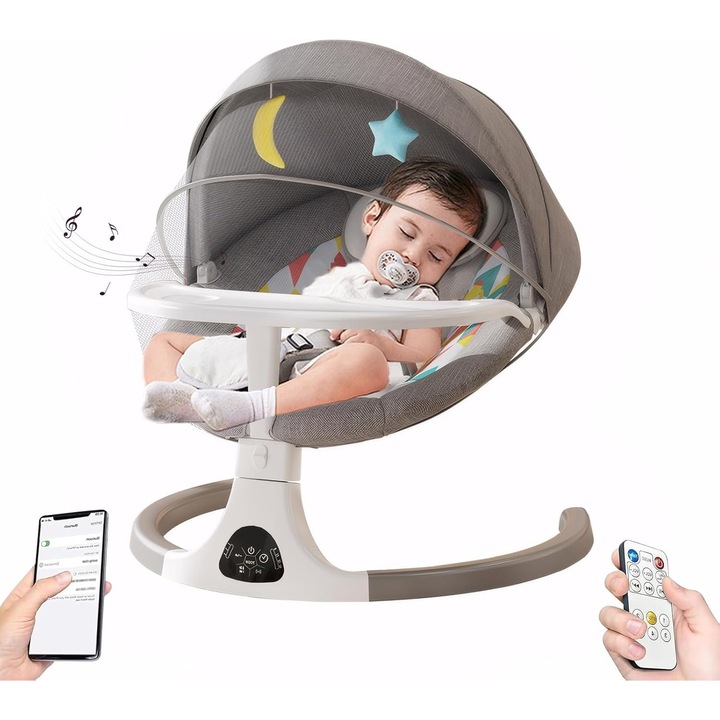 Електрическа бебешка люлка WePro Store с Bluetooth, дистанционно управление, матрак, който може да се пере, играчки, мрежа против комари и подвижна тава, идеална за деца от 0 до 12 месеца, сива