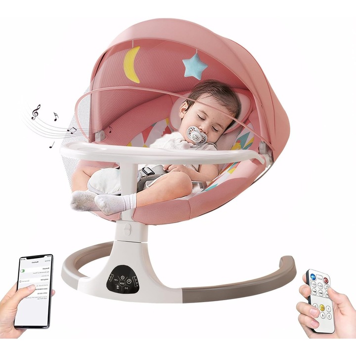 Leagan Electric pentru Bebelusi WePro Store cu Bluetooth, Telecomanda, Saltea Lavabila, Jucarii, Plasa Anti-tantari si Tavita Detasabila, Ideal 0–12 luni, Roz