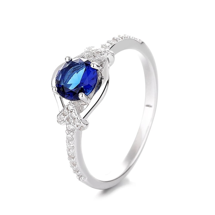 Inel argint 925, JW1332, model elegant cu piatra albastra, placat cu rodiu (Marime: 6)