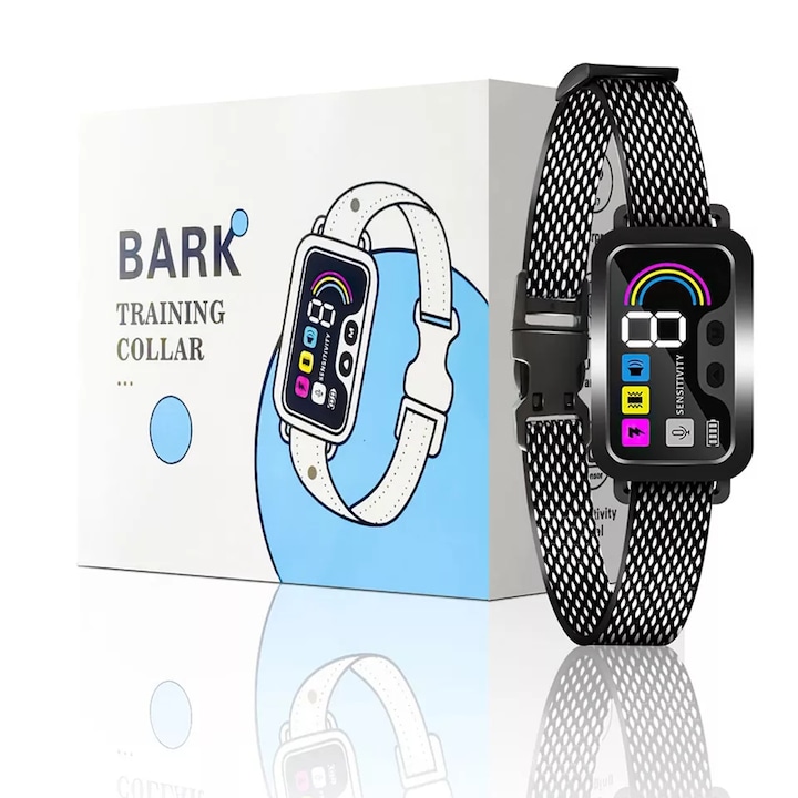 Нашийник против лай за кучета Ydene, регулируем и автоматичен, 8 нива, три независими функции, звук, вибрация, импулси, светлоотразителна каишка, цветен LED екран, водоустойчив, черен