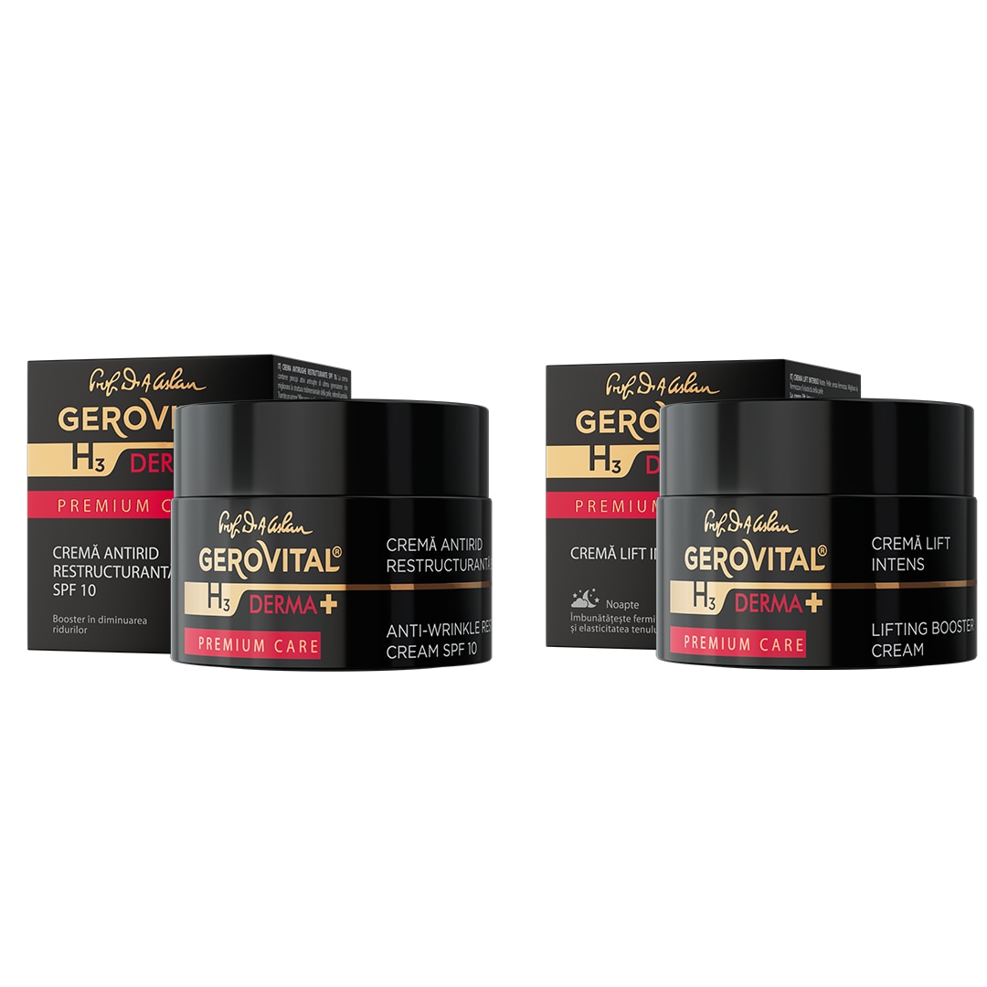 Pachet Gerovital H3 Derma + Premium Care: Crema Antirid Restructuranta SPF 10 – Filler fara Ac, Fermitate si Elasticitate, Protectie UV si Hidratare, 50 ml + Crema Lift Intens – Ef