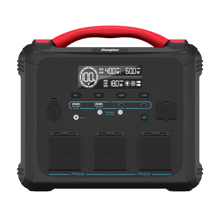 Statie de incarcare portabila Power Station Energizer 1100Wh, 3 x AC Schuko, 2 x DC, 2 x USB-A, 2 x USB-C, Negru, Functie UPS, PPS1100W2F